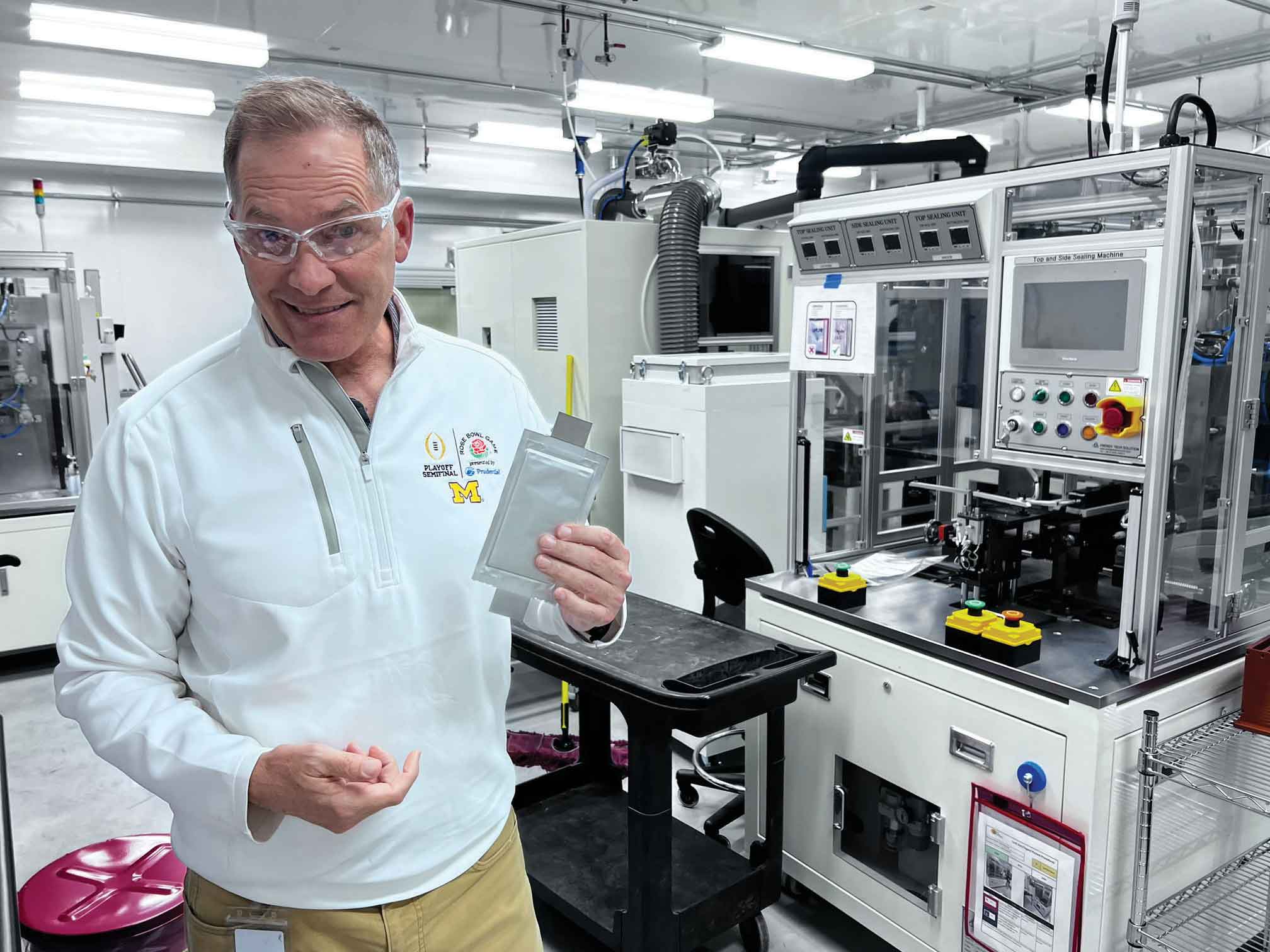 Mark Gresser, CEO of Wildcat Discovery Technologies, holds a pouch cell battery the company creates, tests and uses for demonstrations to clients. 